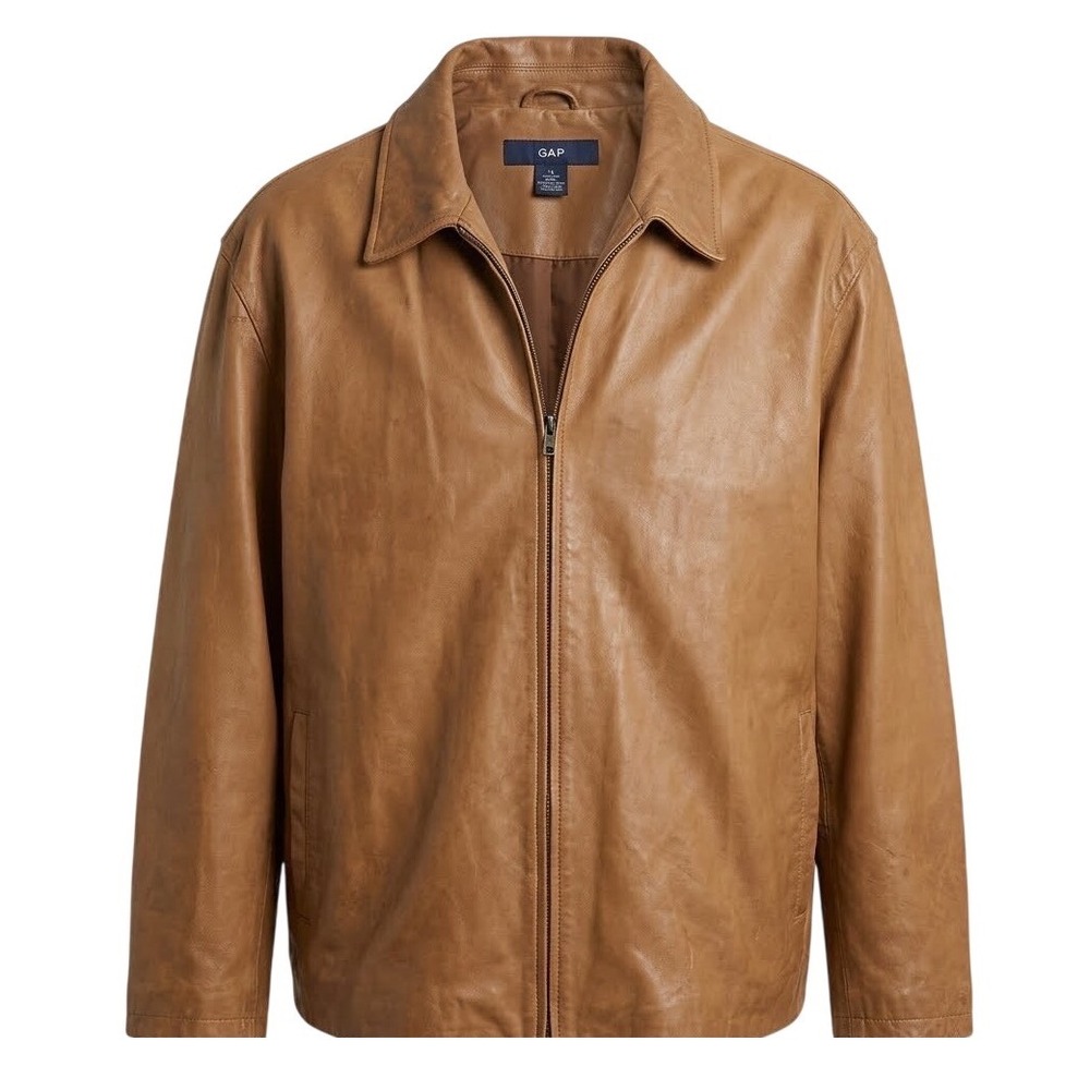 Vintage 90s GAP Camel Leather Jacket Boxy Minimalist Indie Grunge Zip Up XXL